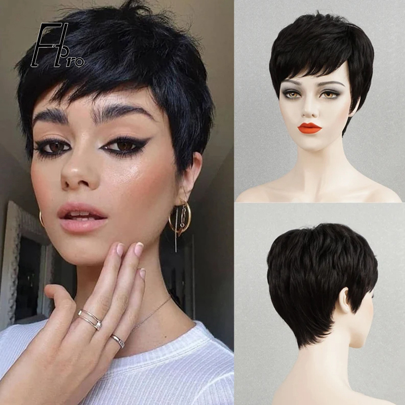 Short Pixie Wig Natural Hair Wig for Black Women 130 Density Handmade Wig with Bangs